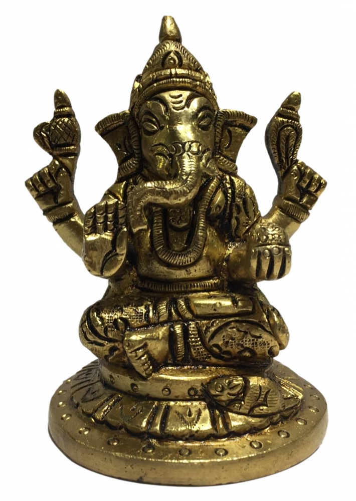 Valampuri Vignesh sitting on a round base with Mouse Brass Antique 4 Inch