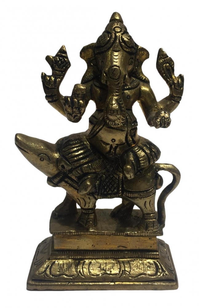 Ganesh on Mooshika Brass Antique 5 inch
