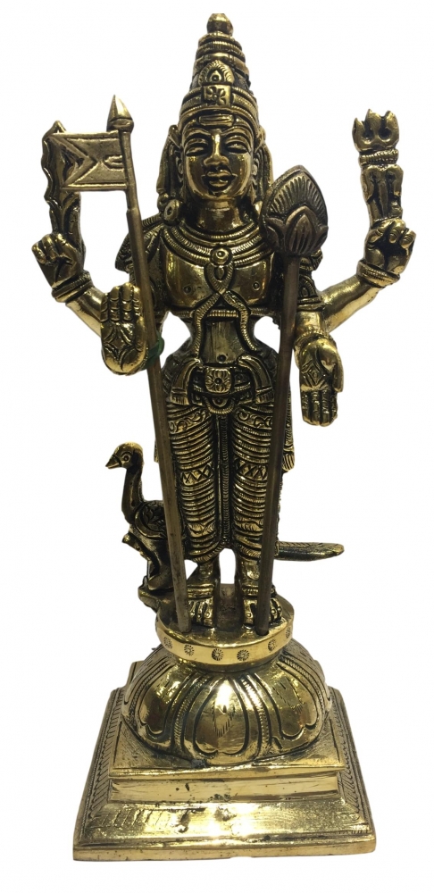 Rajalankara Murugan standing with Peacock Brass Antique  9.5 inch  / பால முருகன்