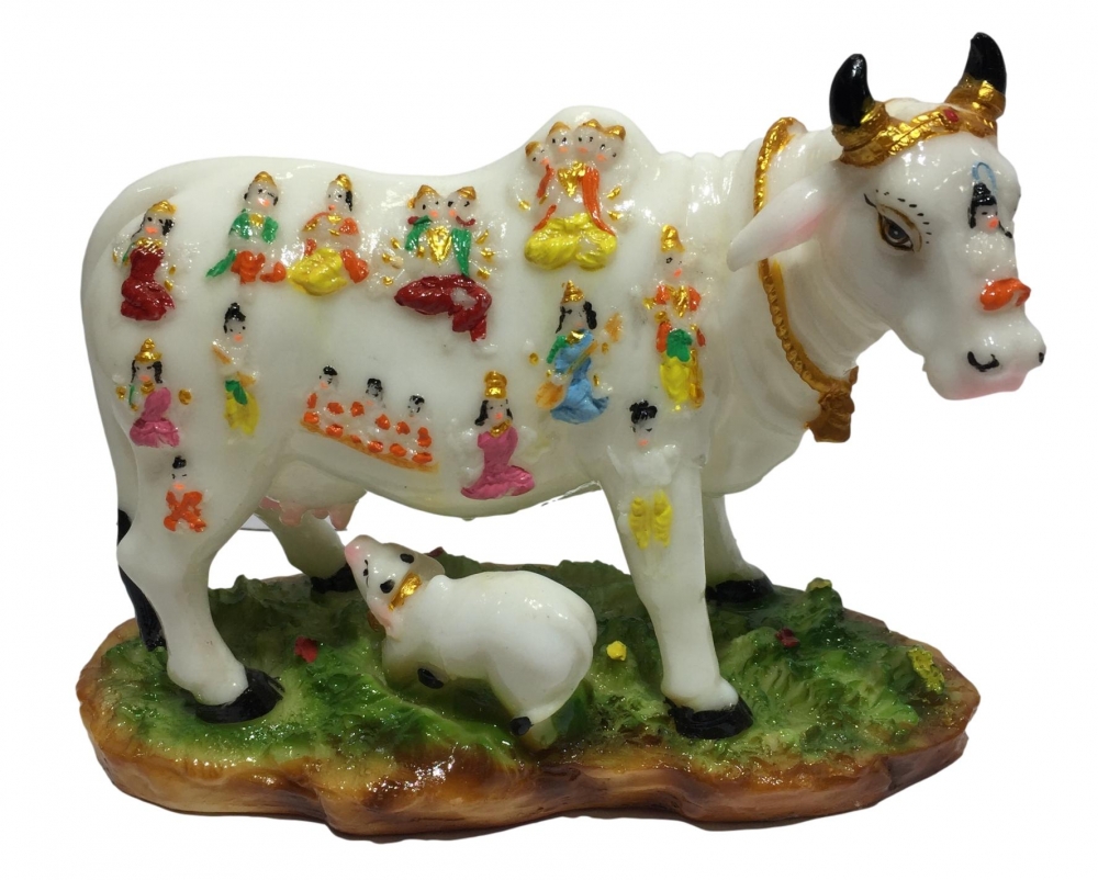 Multicolour Marble Dust Gou Mata or Cow and Calf  with Devthas or Deities Print Figurine 6 inches