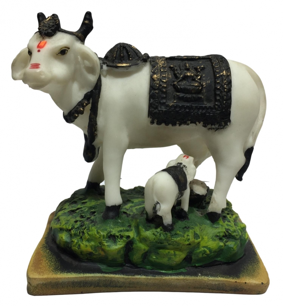 White Marble Dust Gou Mata or Cow and Calf with Lakshmi Print Decorative Show piece 6 inch