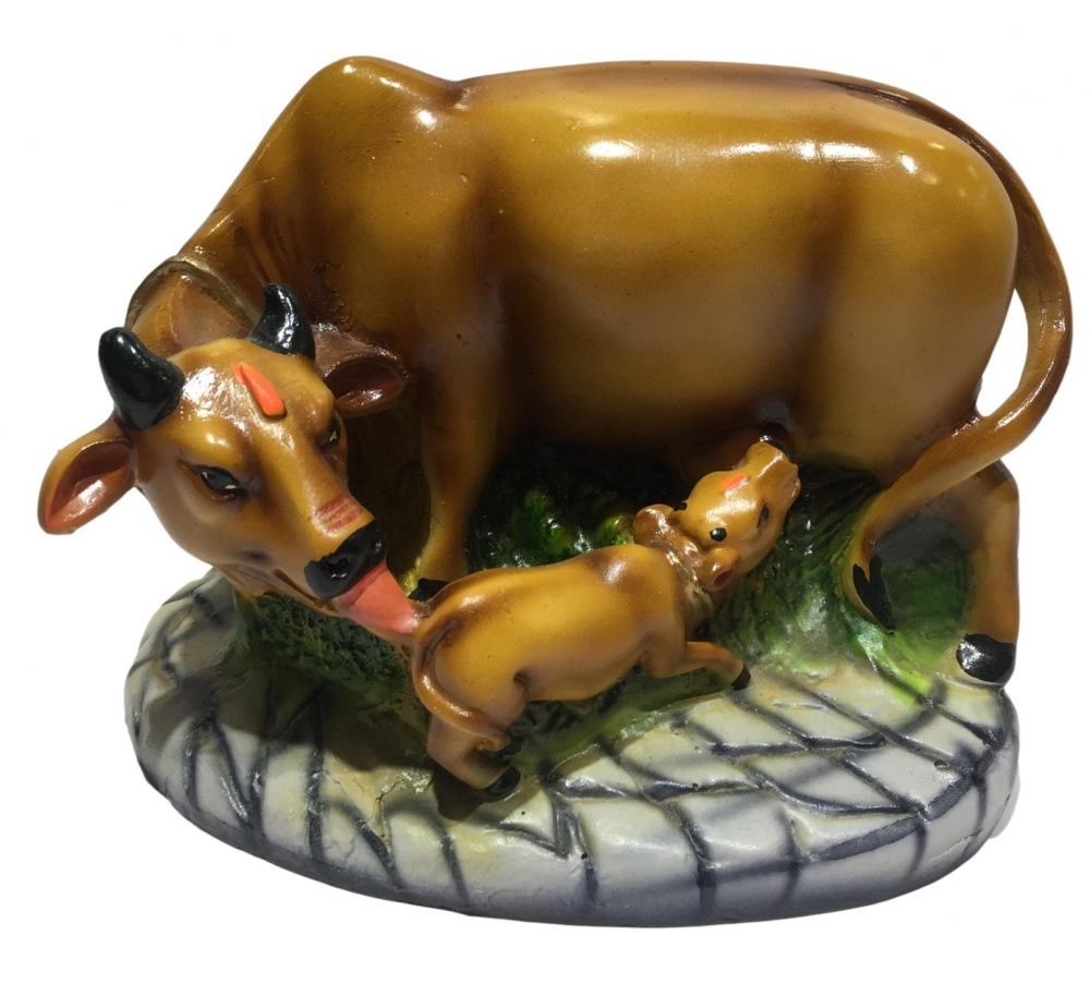 Ceramic Multicolor Kamdhenu Cow and Calf Antique finish Showpiece Figurine 5.5 inches