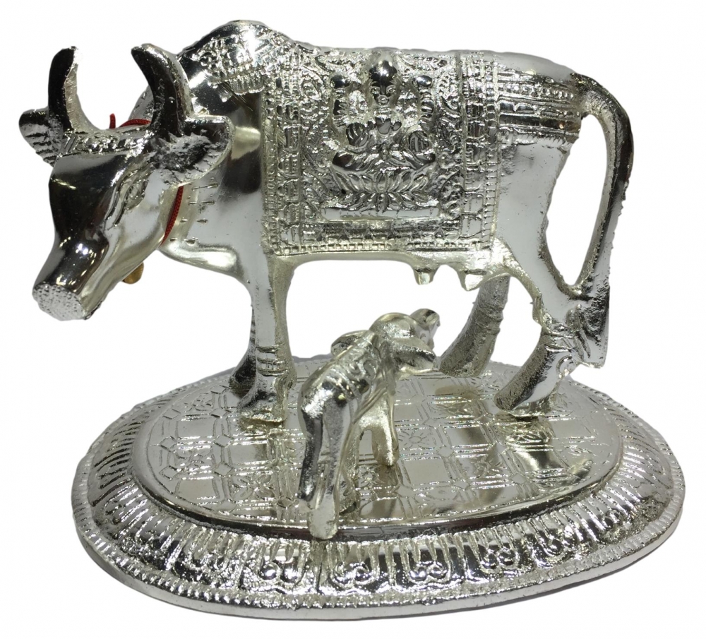 Silver coated Cow and Calf Figurine  Home Decorative Showpiece 5 inch