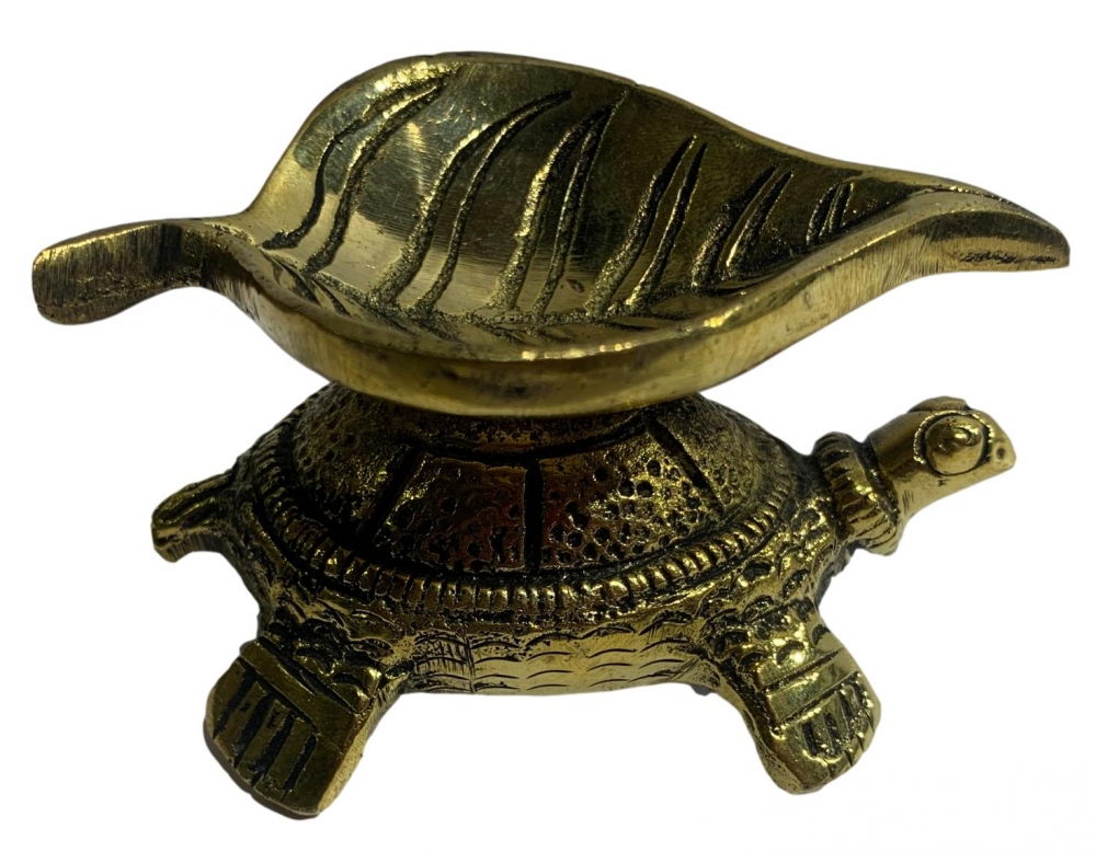 Unique Designer Brass Antique Leaf Diya on Vastu Turtle or Tortoise Leaf Deepak Size 3.2inches