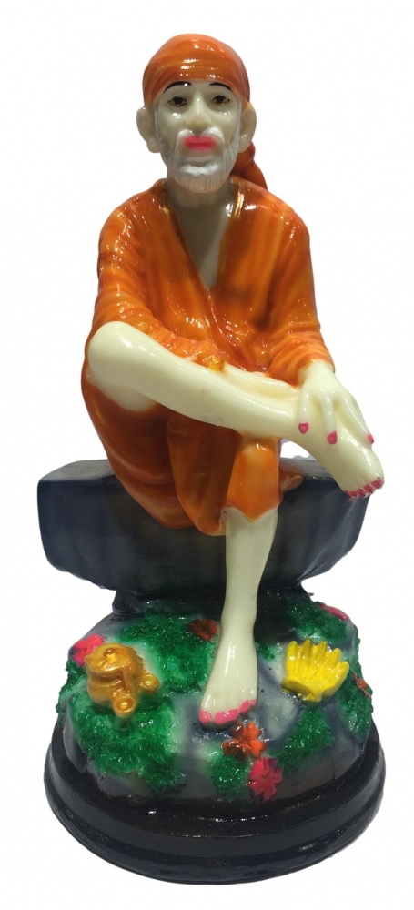 Multicolour Marble Dust Sai Baba in Orange Dress Figurine Pooja Ghar Decorative Showpiece 8 inch
