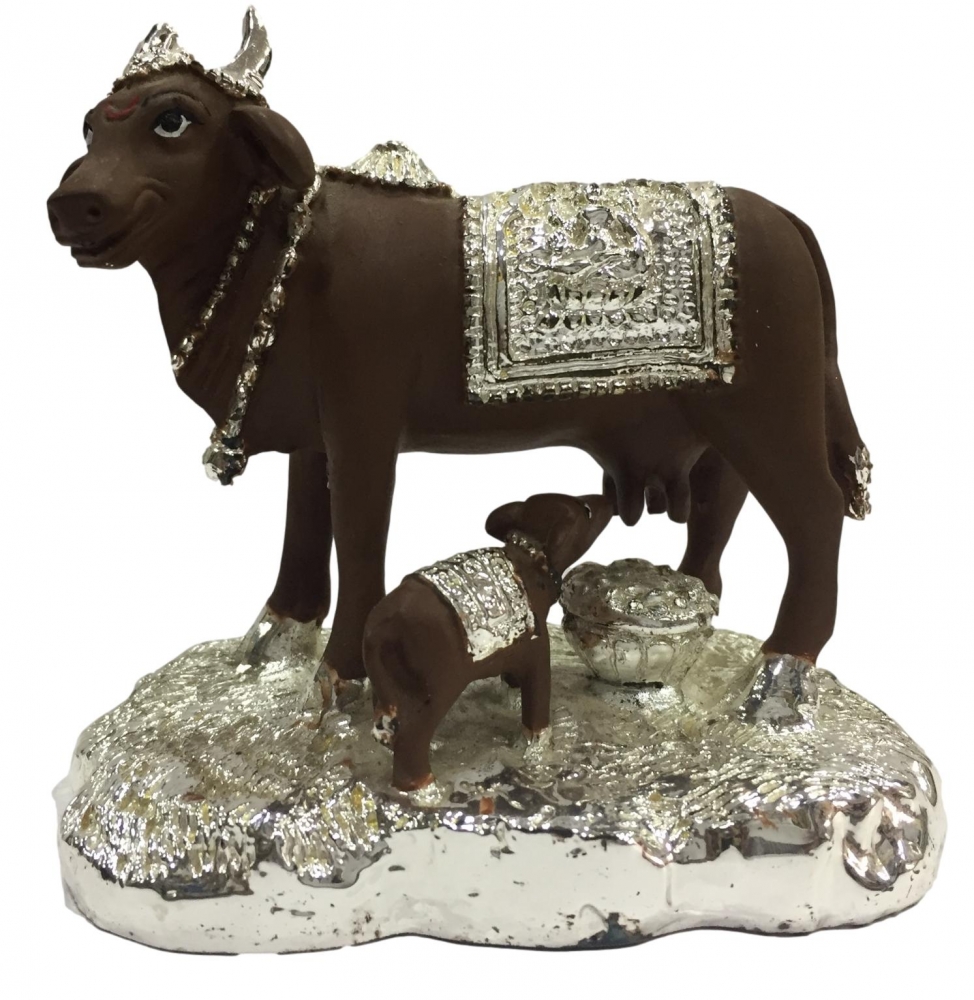 Silver coated Ceramic Kamdhenu Cow and Calf Showpiece Figurine 3.5 inches