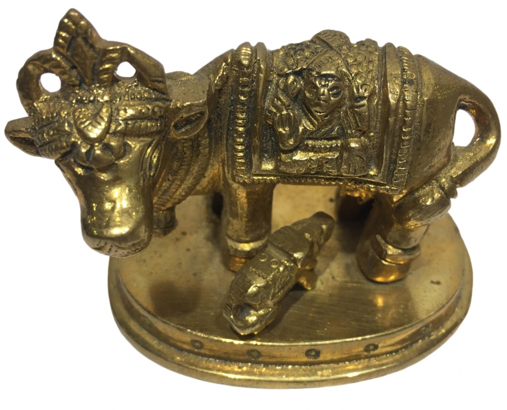 Goumatha with Lakshmi Ganesh Facing Left Brass Antique Figurine or Cow and Calf Decorative Showpiece