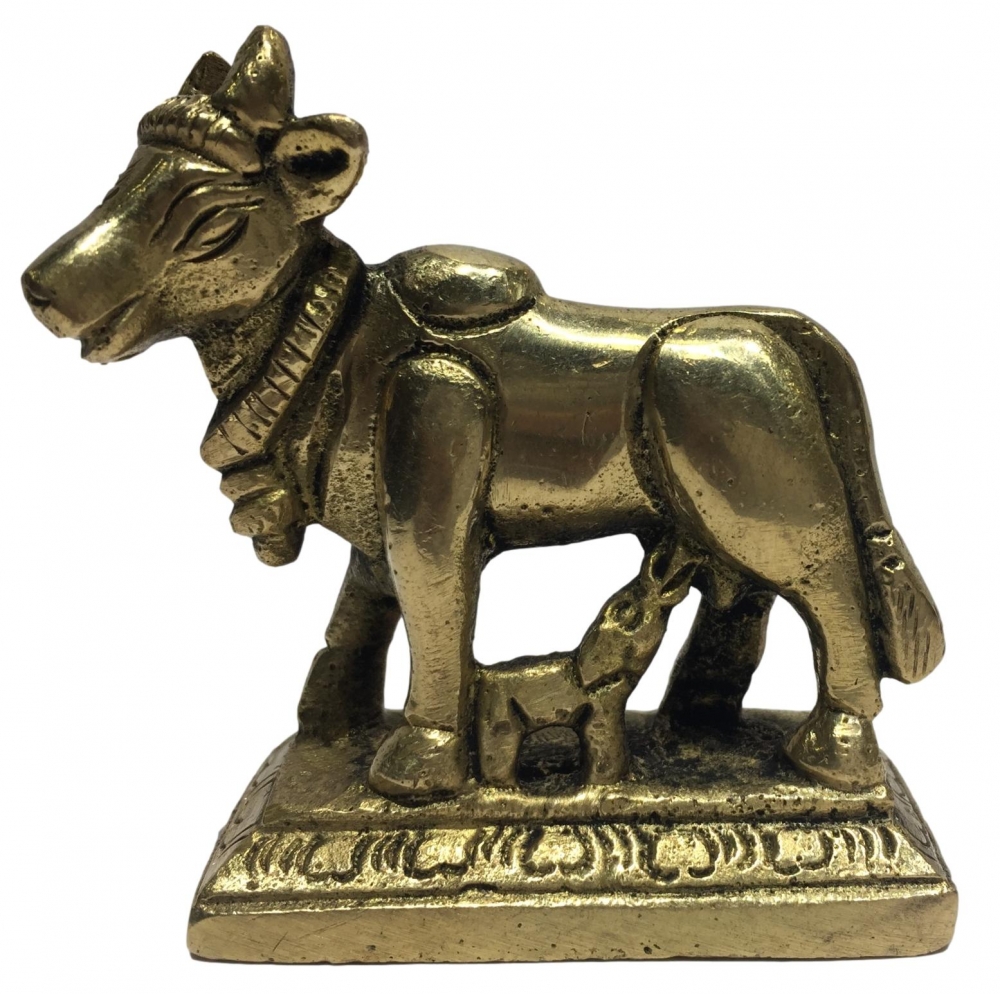 Goumatha Facing Left Plain Brass Figurine or Cow and Calf Decorative Showpiece 2.5 inch
