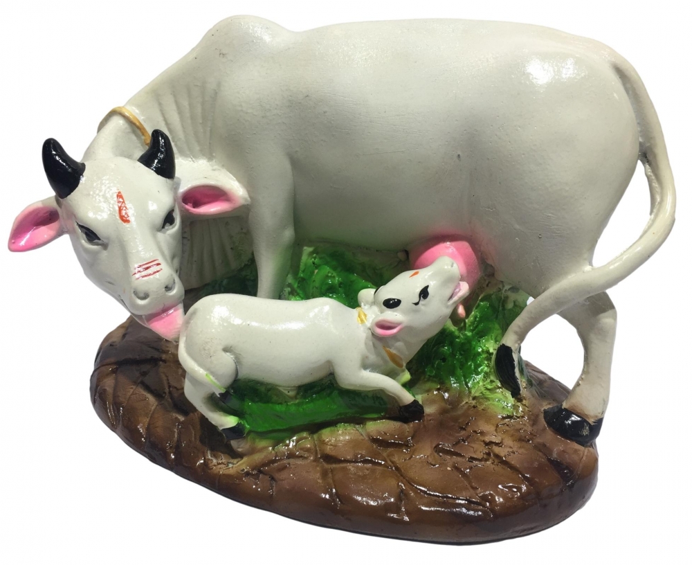 Ceramic Multicolor Kamdhenu Cow and Calf Showpiece Figurine 5 inches