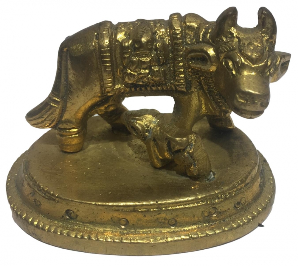 Goumatha with Lakshmi Ganesh Facing Right Brass Figurine or Cow and Calf Decorative Showpiece 1.5 in