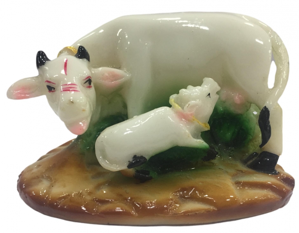 White Marble Dust Gou Mata or Cow and Calf Decorative Show piece 3 inch