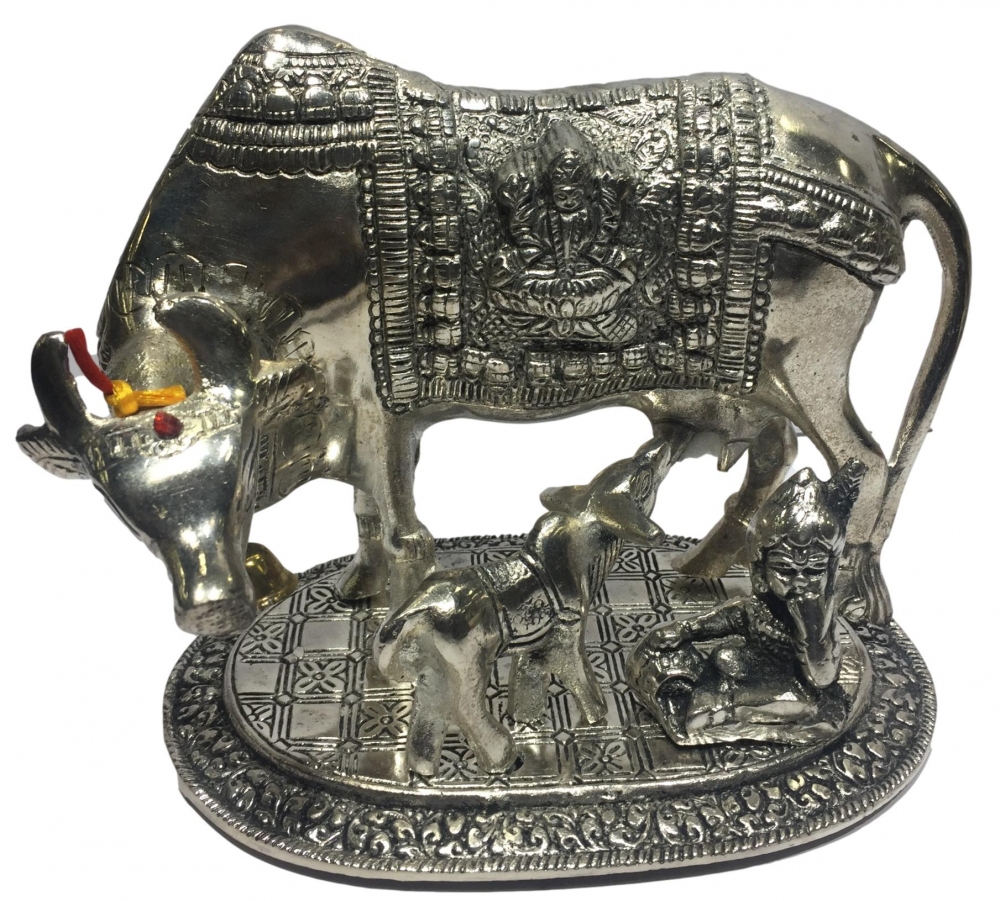 Silver coated Cow and Calf  with Krishna Figurine  Home Decorative Showpiece 6.5 inch