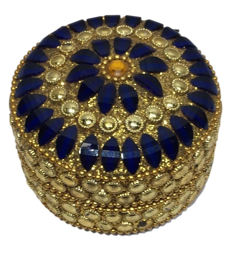 Decorative Blue Colour Stone Round Kumkum Box 2.8 inch