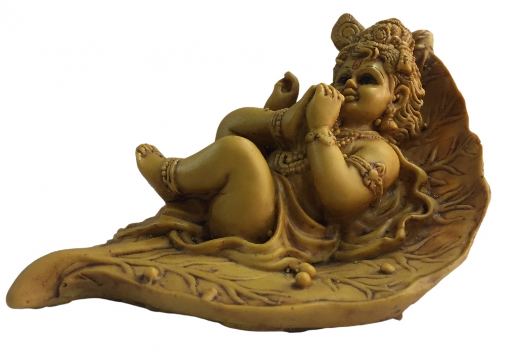 Pipal Leaf or Alilai Floating Krishna Marble Dust Wood Finish Figurine 3 inch