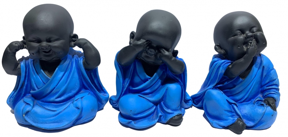 Multicolour Polyresin  cute Laughing Buddha set of 3 Pcs Black and Blue Home Décor Show Piece Figur
