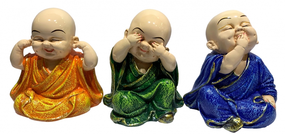 Multicolour Polyresin cute Laughing Buddha set of 3 Pcs Orange, Green and Blue Home Décor Show Piec
