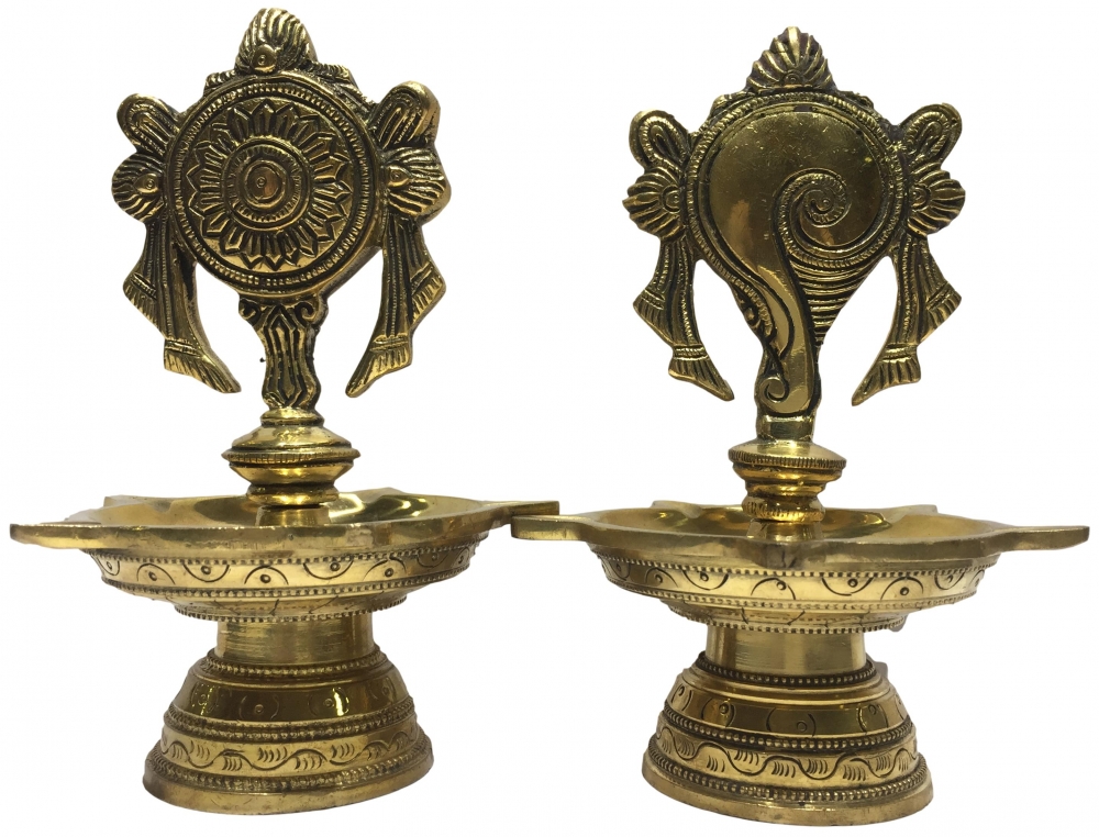 Golden Brass 5 flames  Shankha Chakra Top Deepak Set  Pooja Decorative Diya Size 6.5 inches 