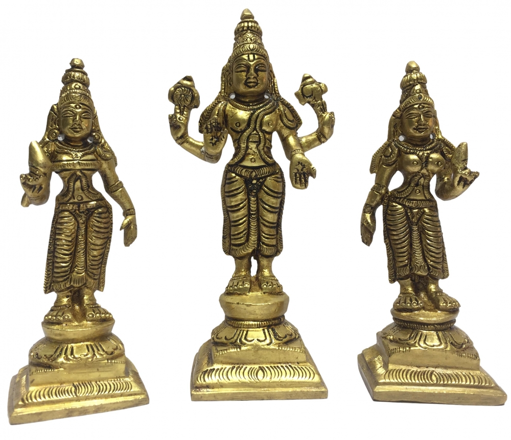 Maha Vishnu with Sri Devi and Boo Devi Brass Antique 4.5 Inch