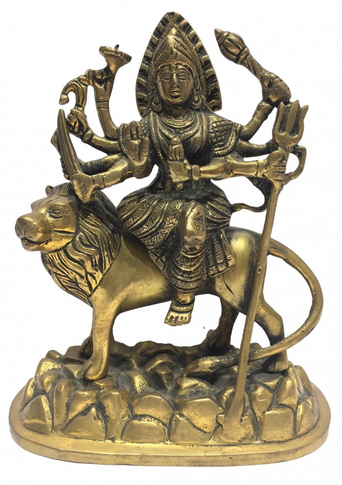 Maa Durga on Oval Stone Dais Brass Antique 7 Inch