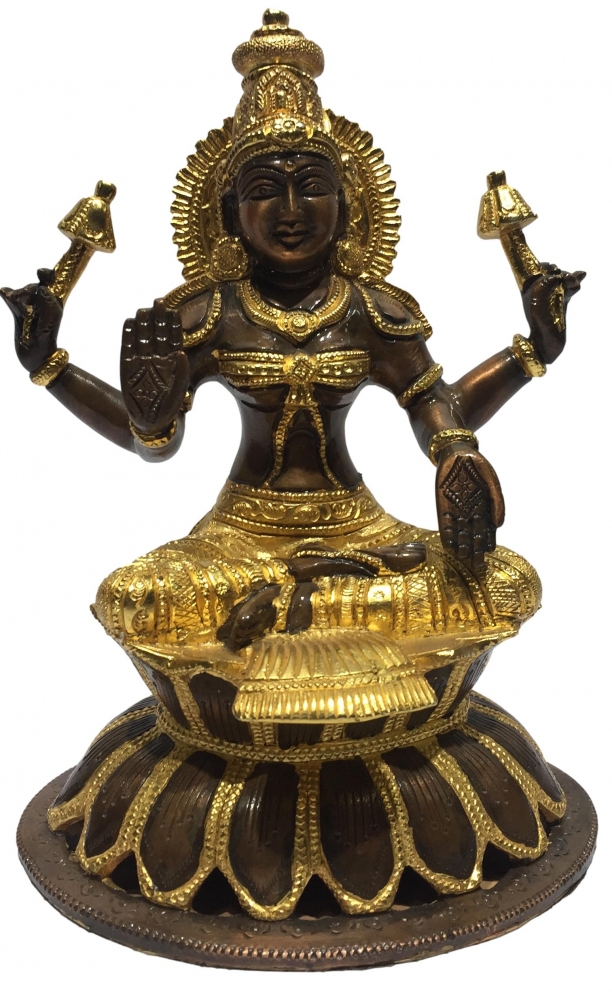 Goddess Lakshmi in Brass Copper Gold Plated Sitting 8 Inch