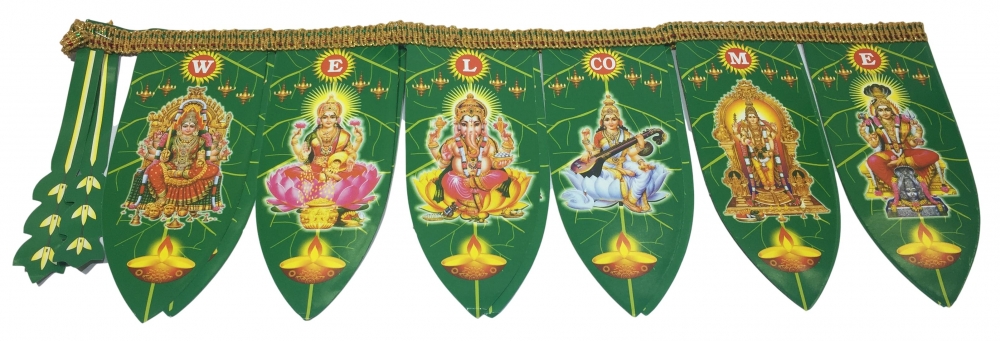 Deities printed Welcome Green Mango Leaves Thoran with Lace 6 inches