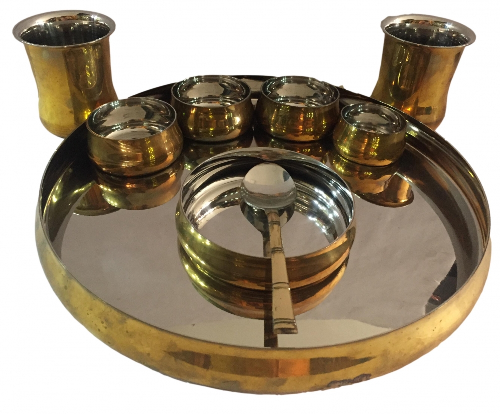 Copper Steel Curved Dining Thali Set 9 Pieces