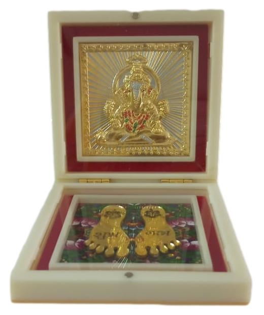 Sri Ganesh Ji Gold Plated Charan Box Corporate Gift 11 x 11 cms 