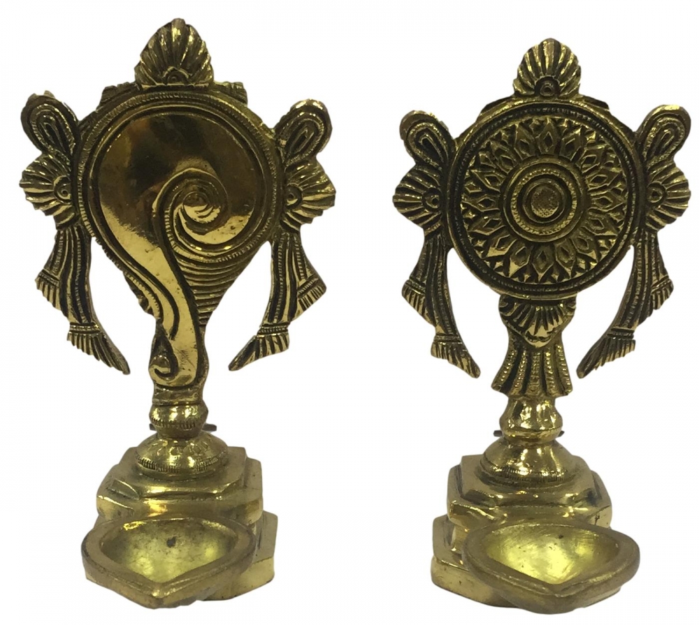 Golden Brass Shankha Chakra Ghee Vilaku Set with single flame Stand Pooja Decorative Deepak Size 5.2 inches