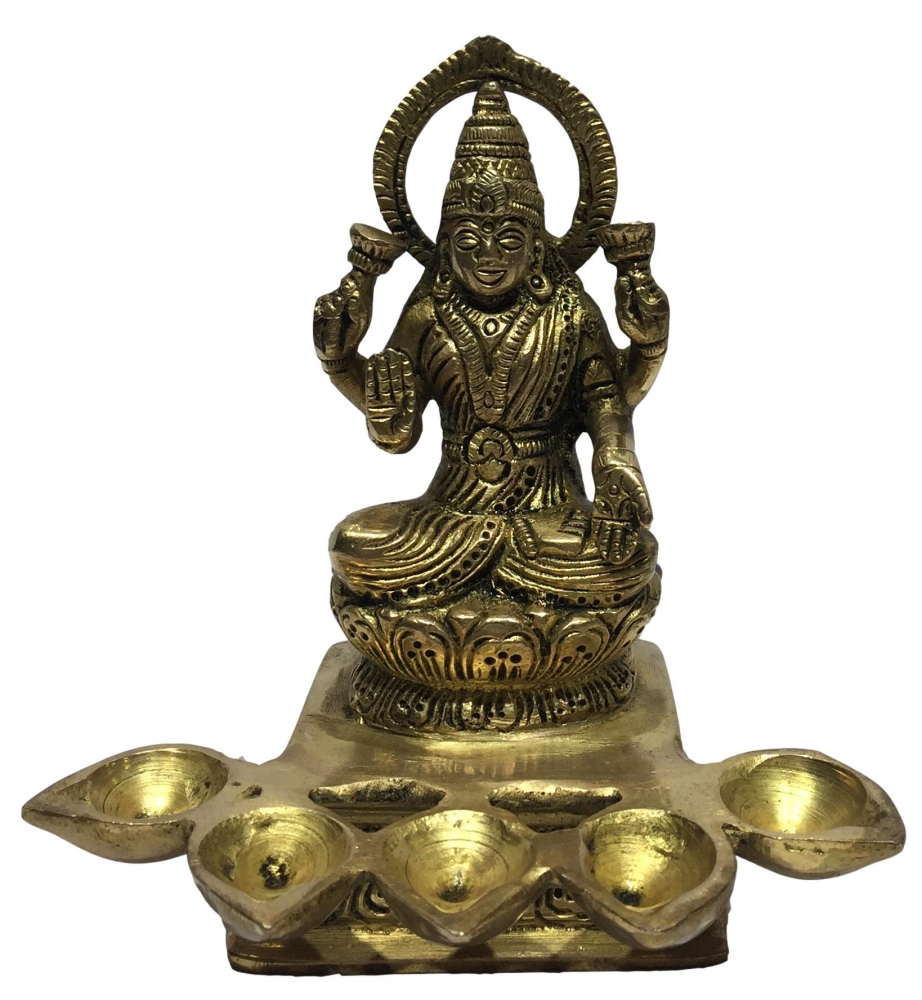 Brass Antique Lakshmi Diya or Deepak with 5 Flames size 4.5 inches