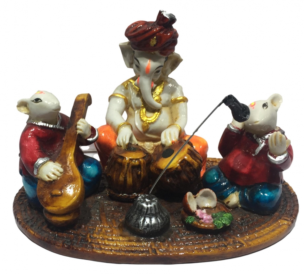 Tabla Ganesh with Mice Musical Set Marble Dust