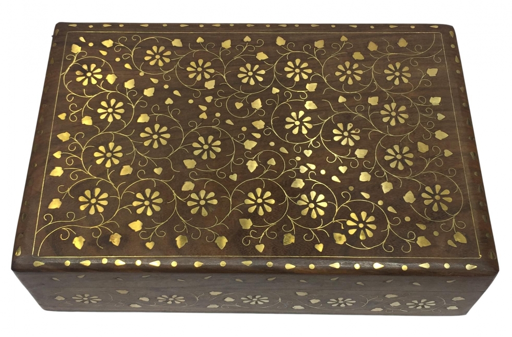 Wooden Floral Jewelry cum Saligrama Box with Brass inlay Size 8 x 12 inch