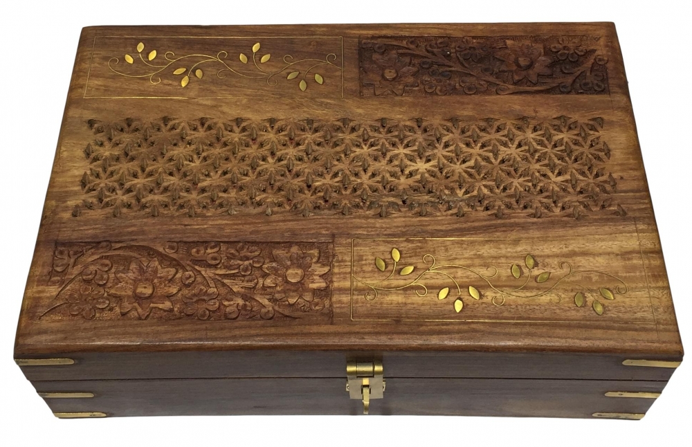 Wooden Floral Jewelry cum Saligrama Box with Brass inlay Latch Lock Type Size 8 x 12 inch 