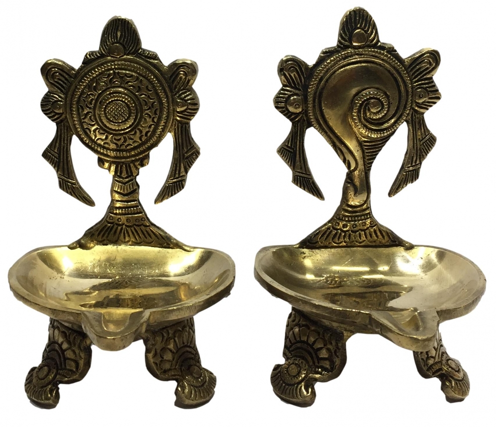 Golden Brass Shankha Chakra Diya Set with 3 Legs Stand Pooja Decorative Deep Size 6 inches 