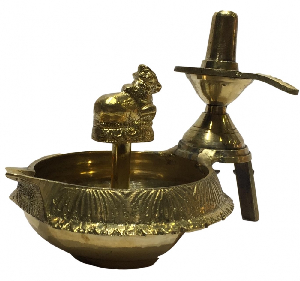 Golden Brass Lingam with Nandi Diya or Deepak with single Flame size 4 inches