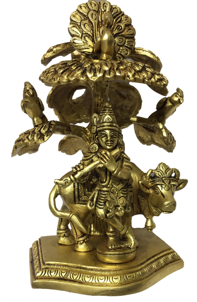Flute Krishna under Tree with Cow, Peacock, Parrots Brass Antique  Figurine 6.5 Inch