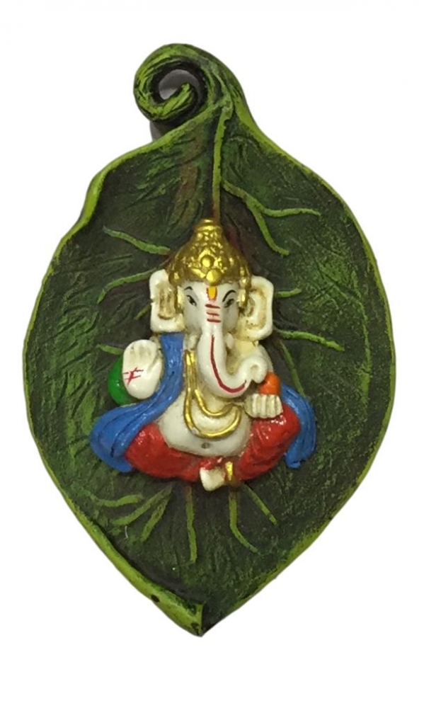 Multicolour Cute Ganesh on Pipal Leaf  Marble Dust Wall Hanging 6 x 3 inch