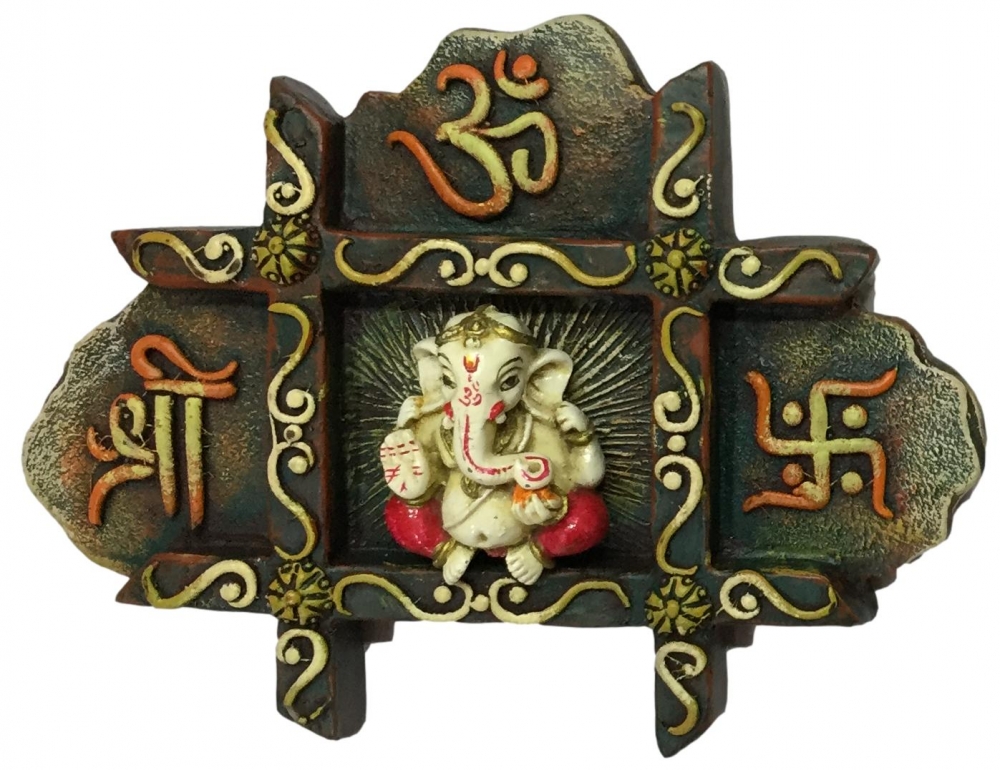 Multicolour Marble Dust Om Swasthik Sri Ganesh Square Wall Hanging Frame 5 x 8 inch