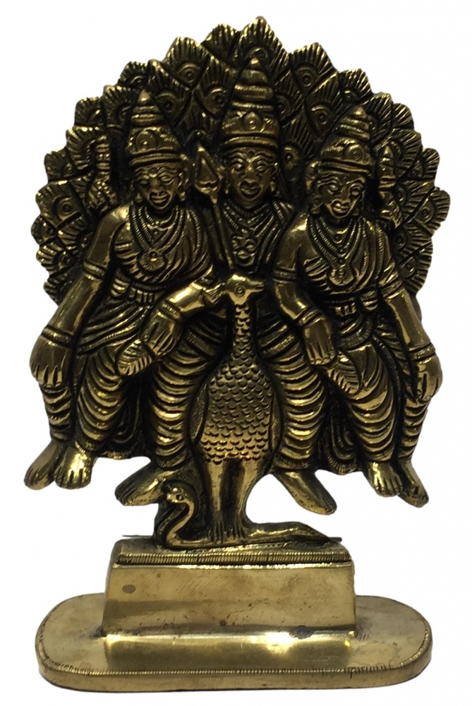 Mayil Murugan Valli Devanai Sitting Brass Antique Figurine or Peacock Karthikeya Sculpture 6.25 Inch
