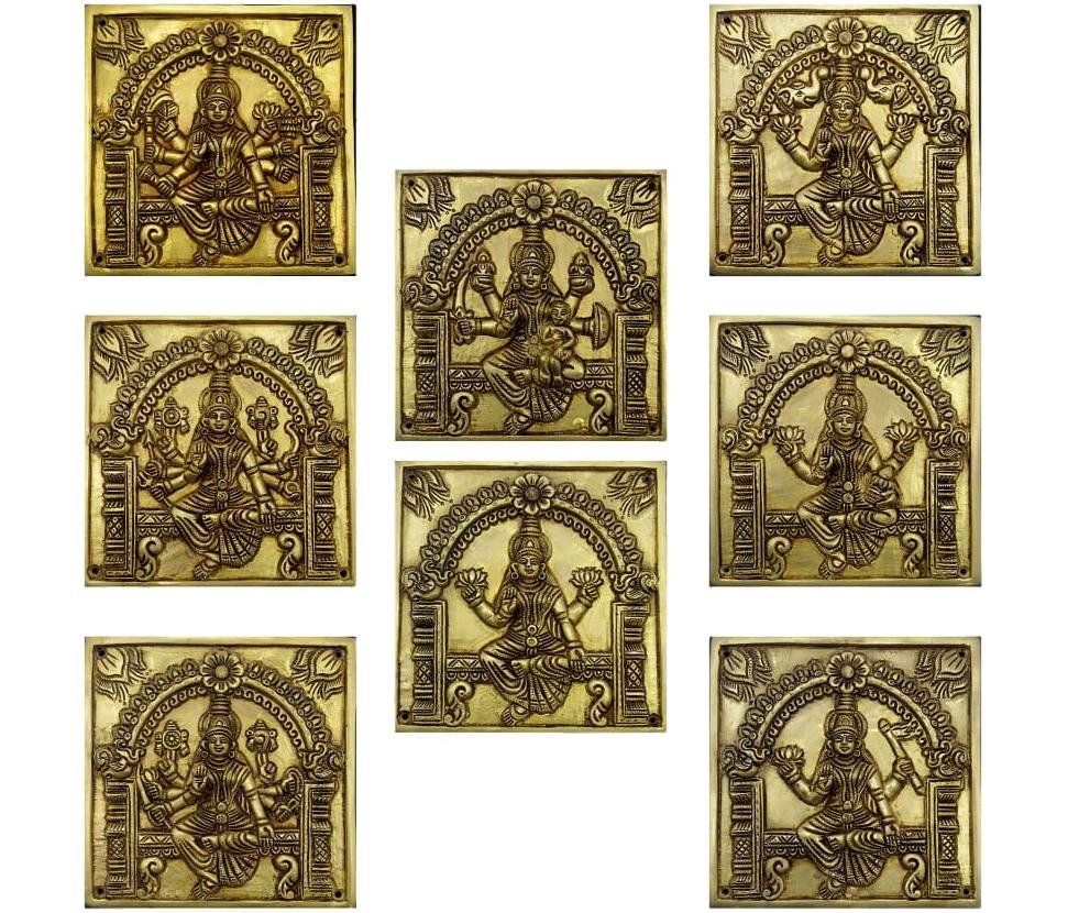 Prabhai Ashtalakshmi Engraved Brass Antique Square Plates Set 6 x 6 Inch