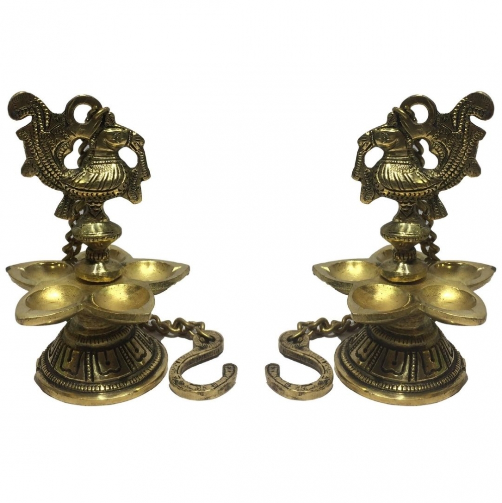 Golden Brass 5 flames  Annapakshi Hanging Deepak (Single) Pooja Decorative Swan Diya Size 5 inch