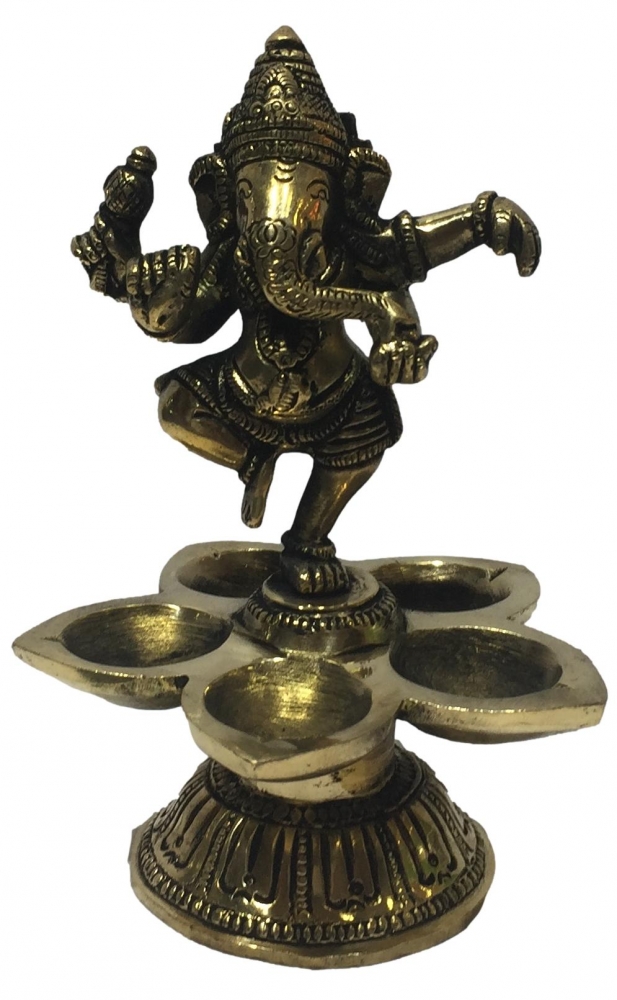 Brass Antique 5 Flames Narthana Ganesh Diya Pooja Decorative Deepak Size 5.5  inch