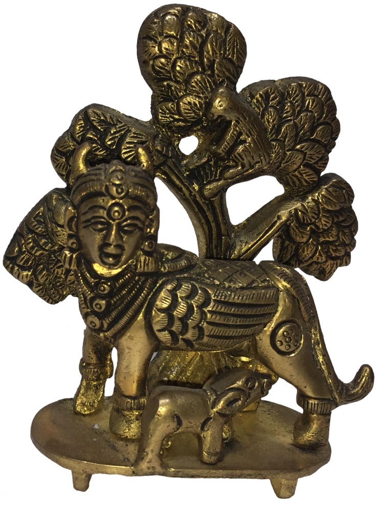 Nandhini Kamadenu under Kalpvruksha Brass Antique Sculpture 4.4 Inch
