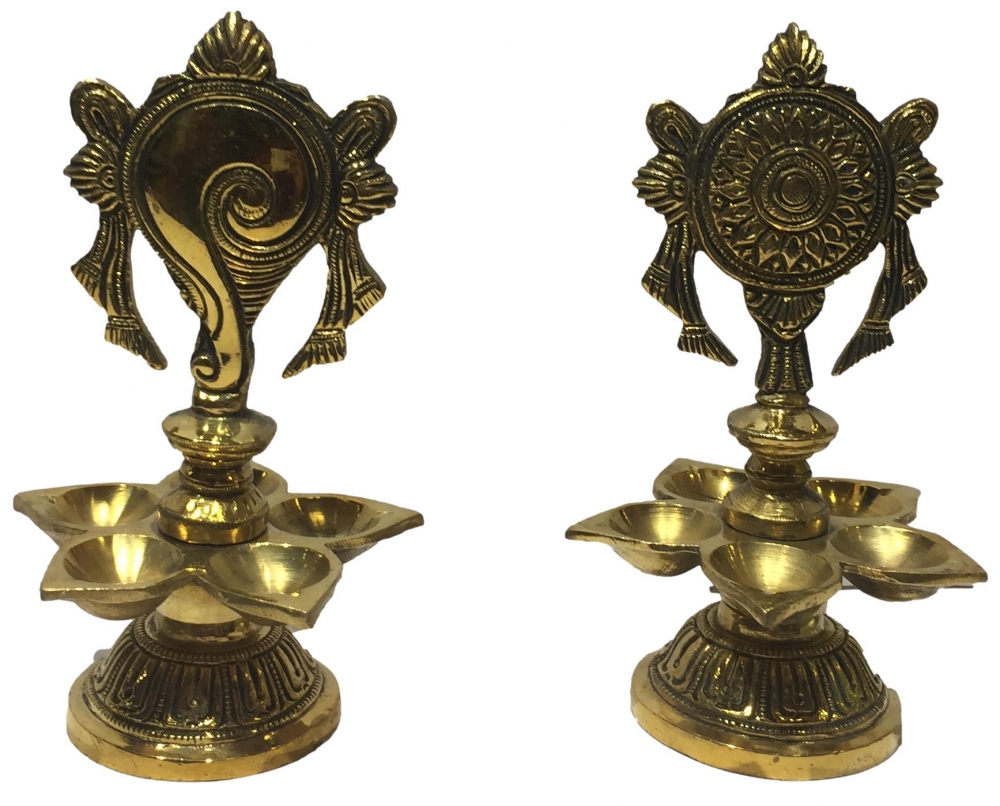 Golden Brass 5 flames  Shankha Chakra Top Deepak Set  Pooja Decorative Diya Small Size  