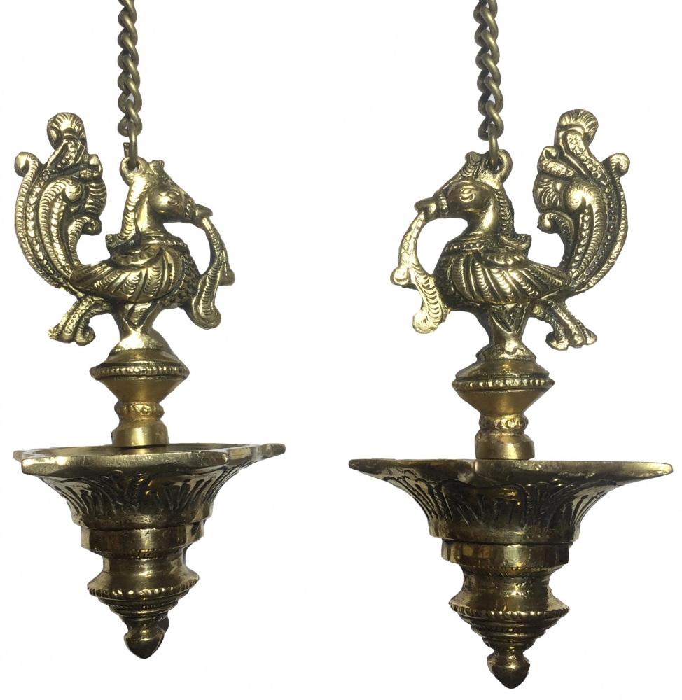 Golden Brass 5 flames  Annapakshi (Swan) Hanging Deepak Single piece Pooja Decorative Diya Size 6.5 