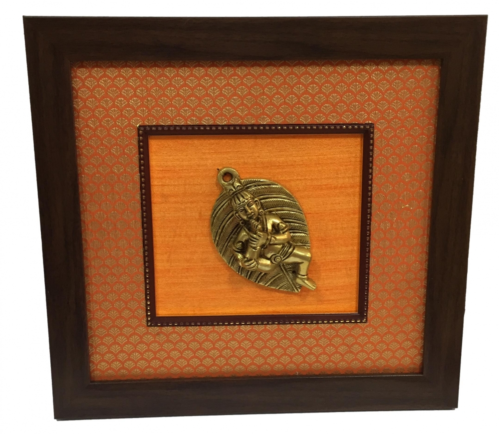 Brass Krishna on Aalilai or Pipal or Banyan Leaf inside Silk woven Wooden Frame 13 x 13.5 inch