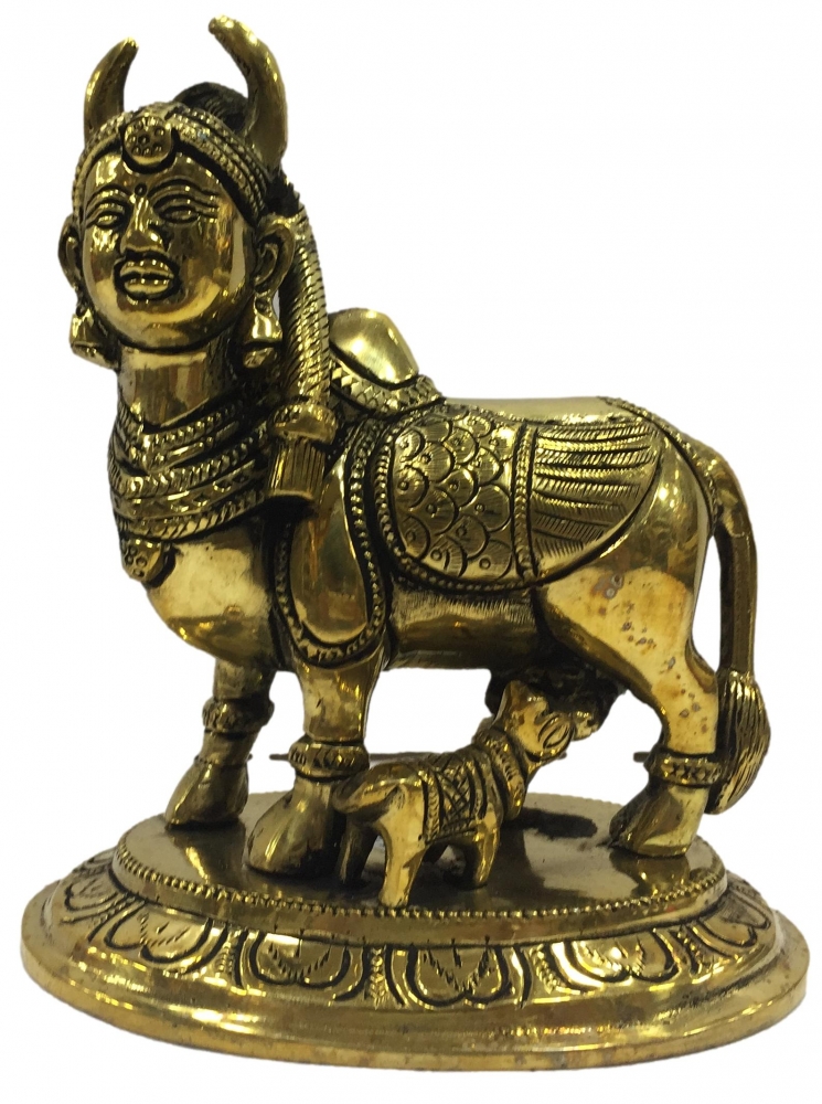 Decorative Nandhini Kamadenu on Floral Dais Brass Antique Sculpture 6 Inch