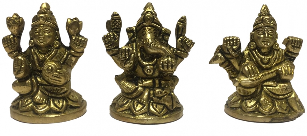 Lakshmi Ganpathi Saraswati Brass Antique Figurine Set 2 Inch