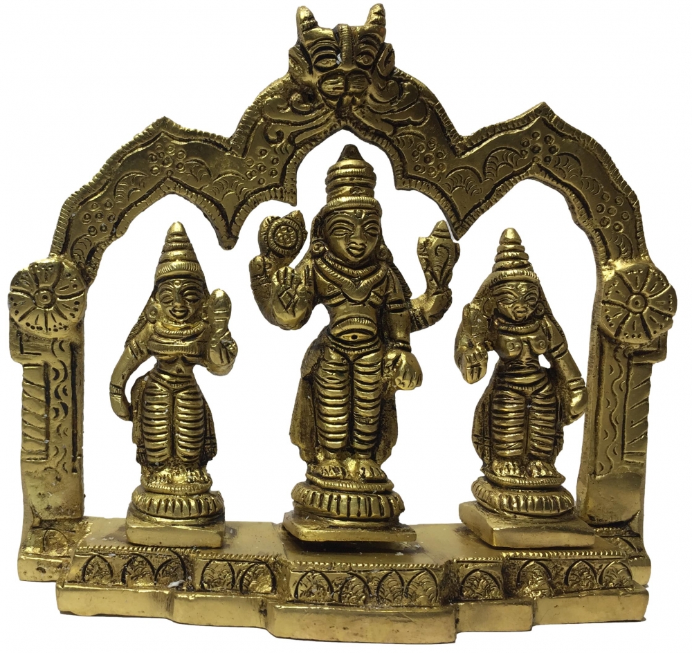 Sri Vishnu  with Sri Devi Bhu Devi under Firm Arch Brass Antique Figurine 4.5 Inch