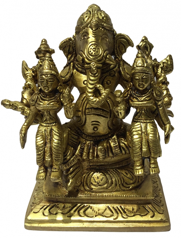 Dasabhuja Ganesh with Siddhi Buddhi  Brass Antique Murthi 4.5 inch