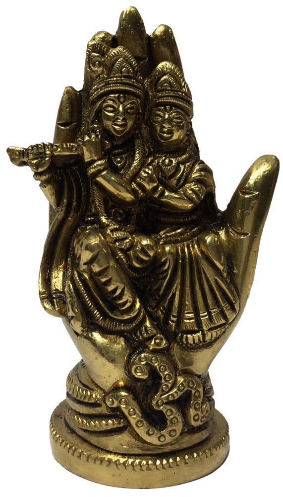 Radha Krishna sitting on Hand with Om Brass Antique Murthi  Decorative Showpiece 4 Inch
